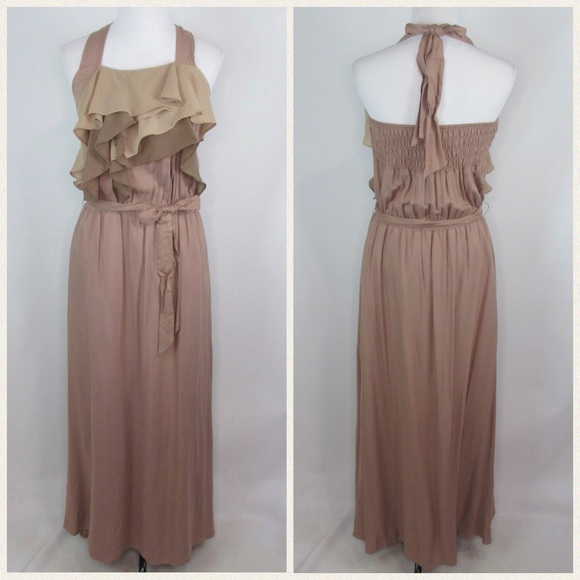 RYU Mauve Ruffle Halter Maxi Dress Smock Back Tie Waist Women’s Size Large NEW - Picture 9 of 9